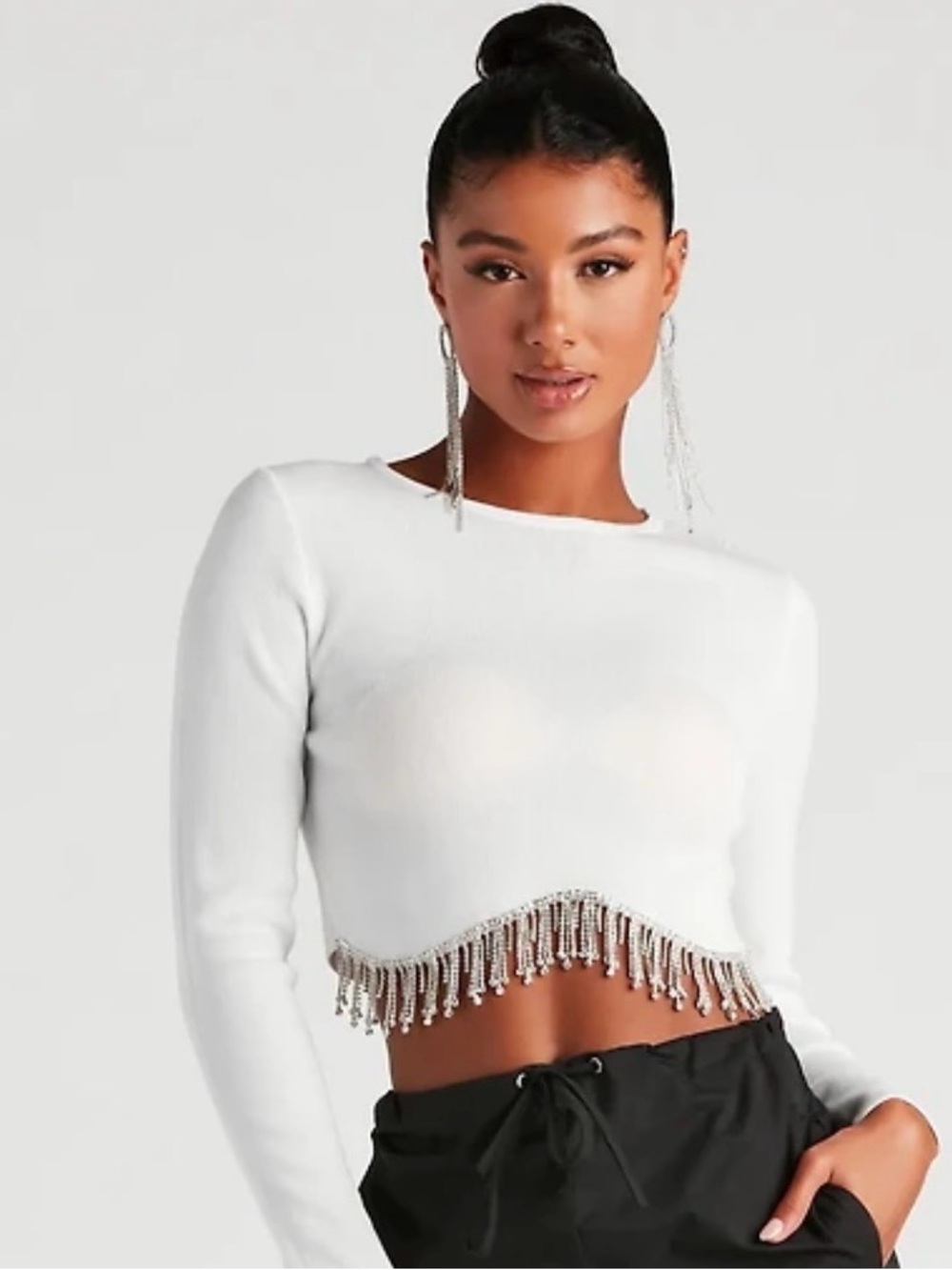 Fashion Nova White Cropped Long-Sleeve Top with Beaded Fringe Hem
